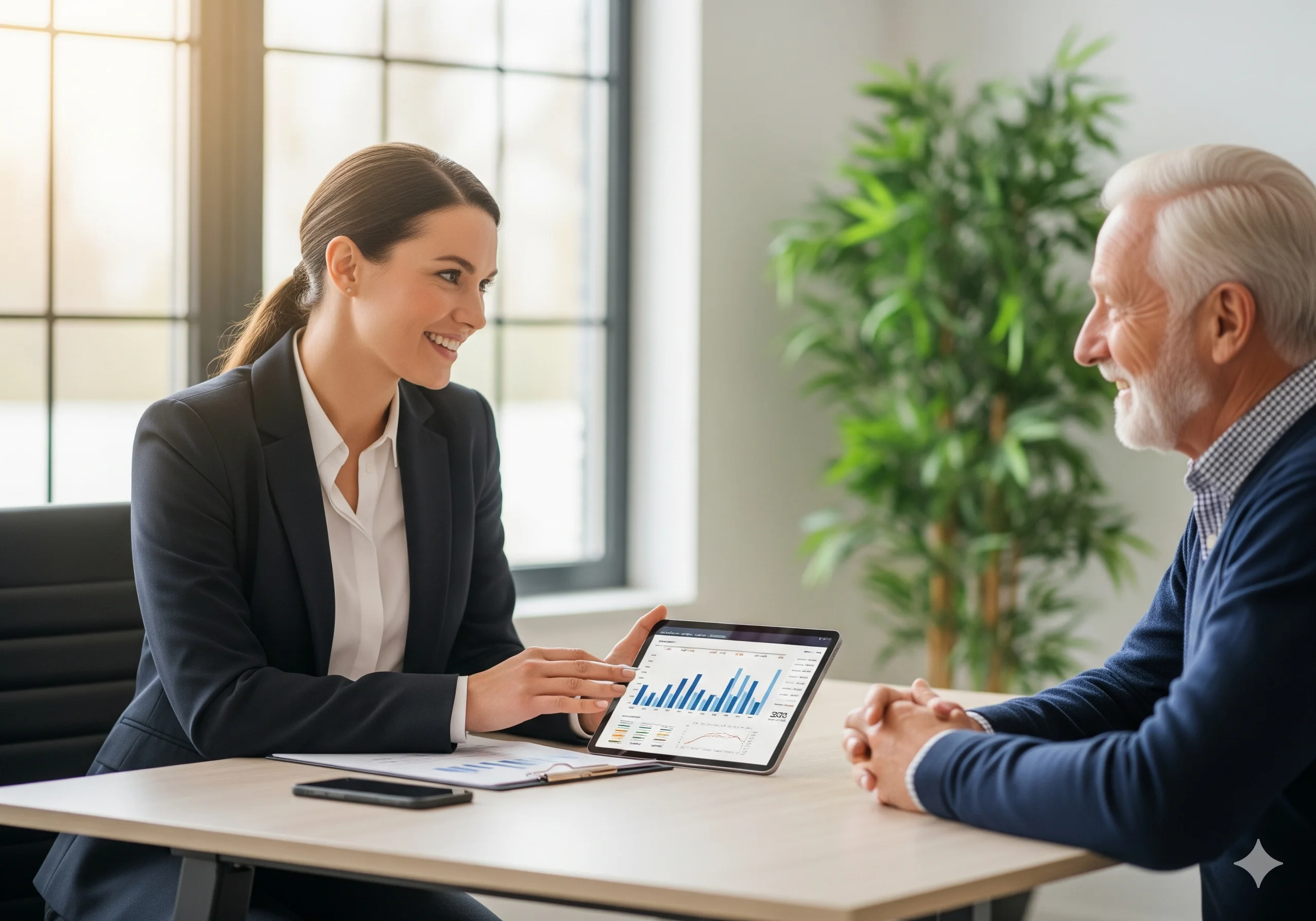Asesora de Soempresarial ayudando a un cliente con sus preguntas frecuentes sobre créditos.
